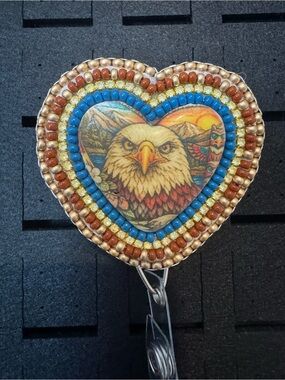 Heart-Shaped Beaded Eagle Badge Reel in Turquoise & Brown